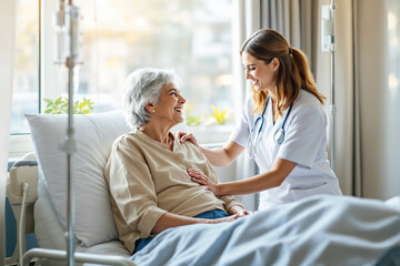 Nurse providing compassionate care to a smiling elderly patient in a hospital room.