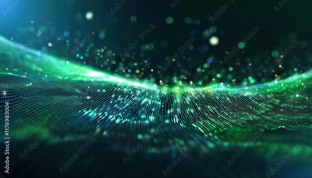 Fototapete Dynamic Green Digital Wave with Glowing Particles and Abstract Grid Background for Technology Visuals, Data Flow Concepts, or AI Interfaces