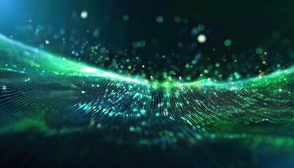Dynamic Green Digital Wave with Glowing Particles and Abstract Grid Background for Technology Visuals, Data Flow Concepts, or AI Interfaces