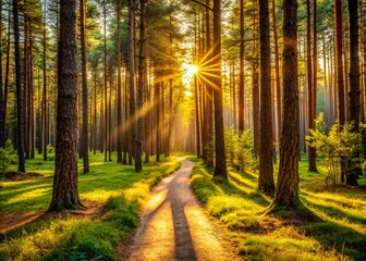 Serene Pine Forest Path: Sunlit Woodland Trail Photography