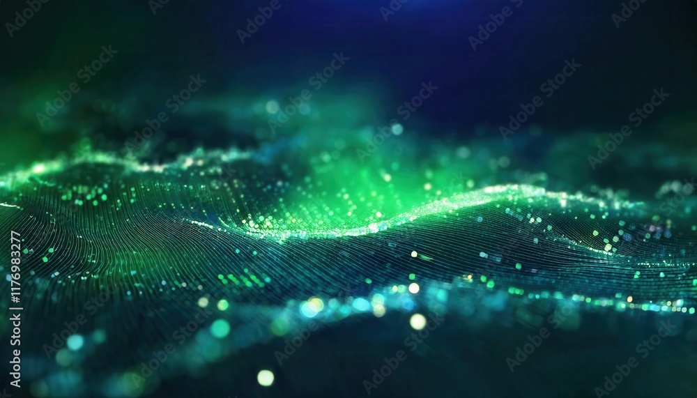 Fototapete Dynamic Green Digital Wave with Glowing Particles and Abstract Grid Background for Technology Visuals, Data Flow Concepts, or AI Interfaces