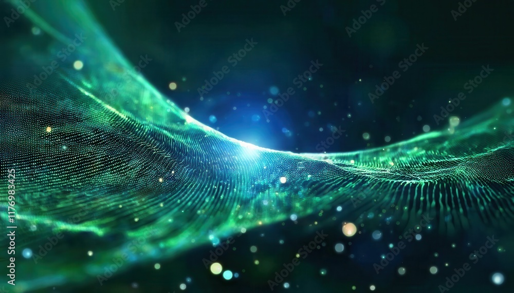 Poster Dynamic Green Digital Wave with Glowing Particles and Abstract Grid Background for Technology Visuals, Data Flow Concepts, or AI Interfaces