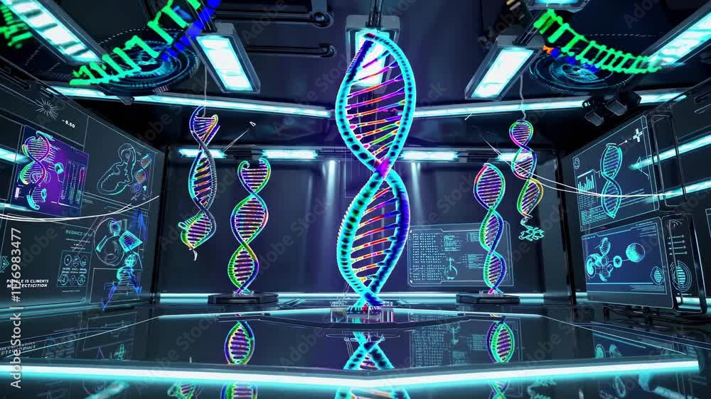 Poster exploring advanced genetics in a modern laboratory with vibrant dna structures and interactive displ