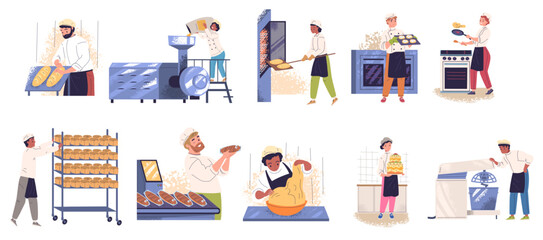 People bake bread. Professional bakers at oven baking pastries food, pastry cook bakery manufacturing chef make confectionery flour dessert process, set classy vector illustration