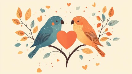 Naklejka premium A charming illustration featuring a pair of colorful lovebirds on a branch, surrounded by hearts and autumn leaves, perfect for Valentine's Day celebrations