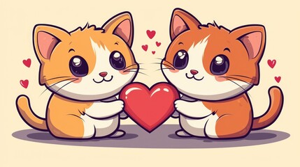 Fototapeta premium Two adorable cartoon cats with warm expressions hold a red heart together, surrounded by floating hearts, perfect for expressing love on Valentine's Day
