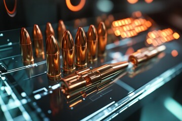 Metal bullets arranged on a glass surface with digital elements and glowing lights