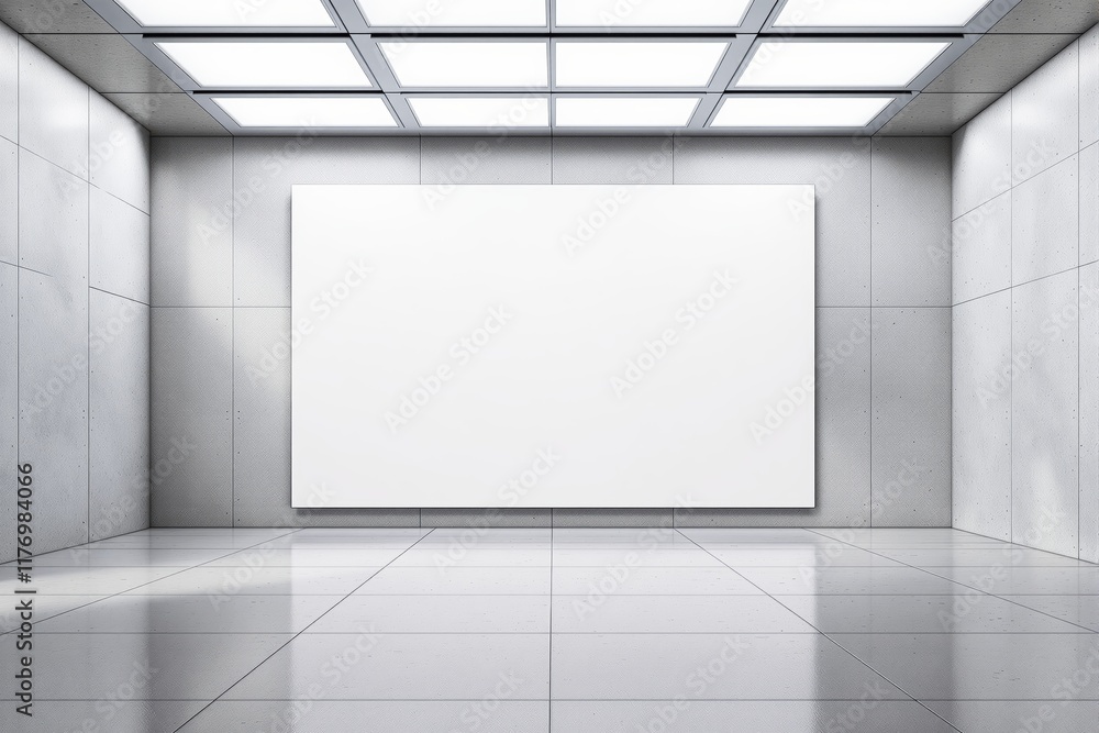 Poster blank white canvas on a clean modern wall with grid ceiling lights in a reflective room.