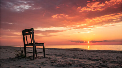 "An empty chair facing the horizon at sunset"
