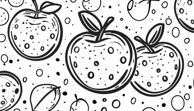 A playful black and white apple pattern. Ideal for coloring books, textile prints, or educational materials.  Features apples, leaves, and abstract shapes.