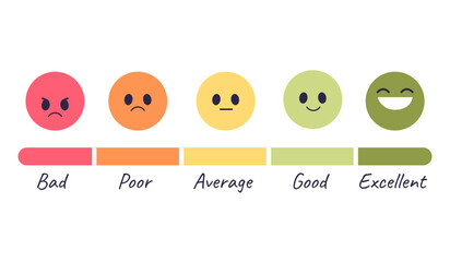 Feedback emoji. Customer satisfaction scale, client experience survey service rating people opinion happy angry emoticon face good bad mood reaction vector illustration