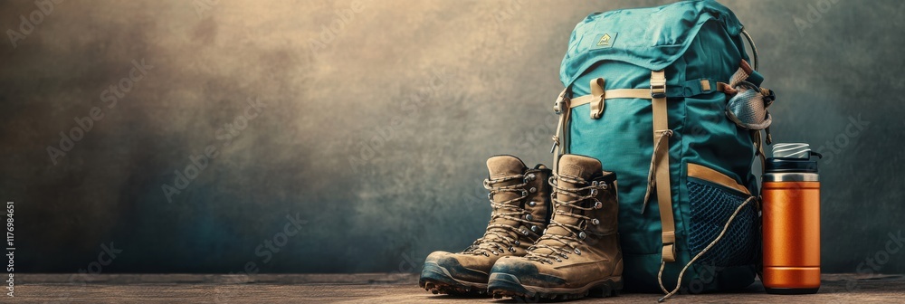 Poster essential backpacking gear ready for an adventure in the great outdoors with ample space for customi