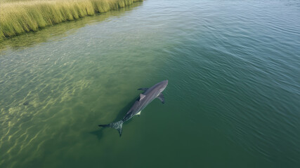 Naklejka premium Great White Shark Gracefully Swims Through Clear Ocean Waters With Natural Foliage Nearby in Broad Daylight