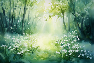 Fototapeta premium Watercolor illustration of spring forest clearing with lilies of the valley