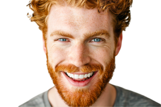 closeup photo portrait of a handsome irish ginger adult man smiling