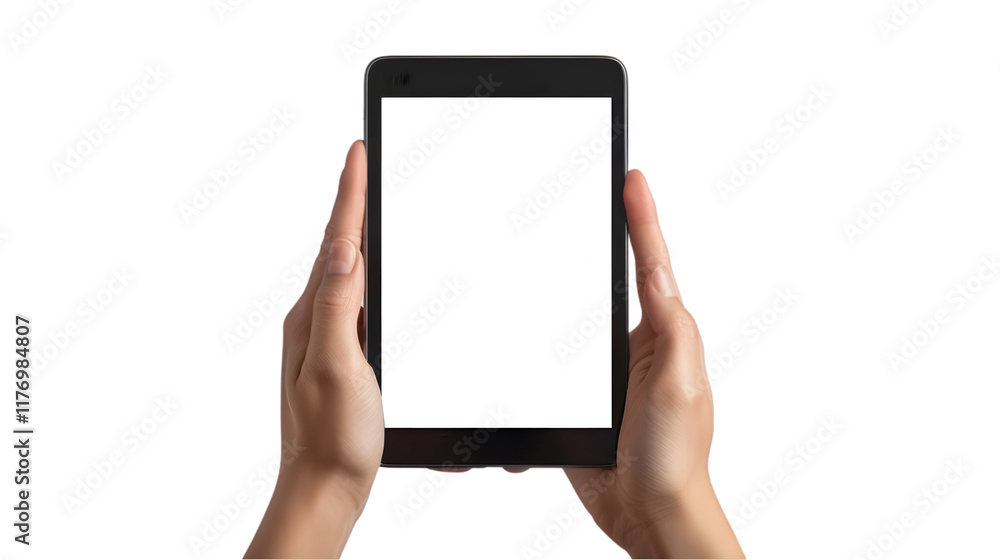 Aufkleber hands touching an ipad with blank screen isolated on a transparent background