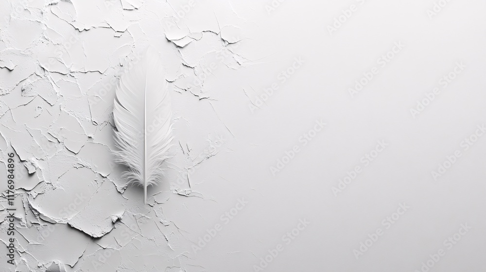 Poster white feather resting on cracked light surface in a minimalistic setting