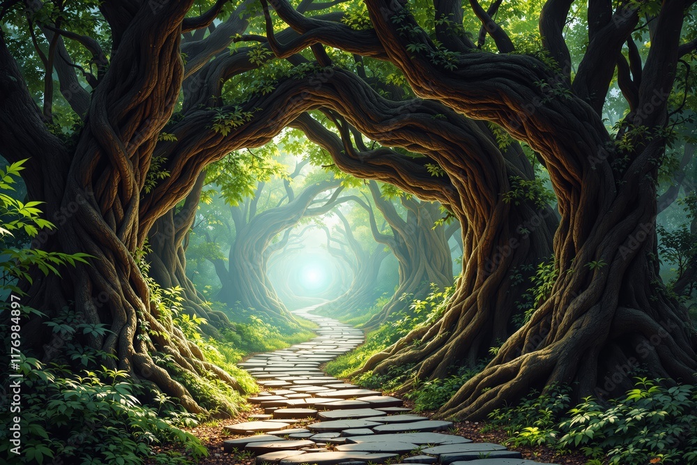 Aufkleber enchanting forest pathway surrounded by twisted tree trunks and lush greenery, illuminated by soft s