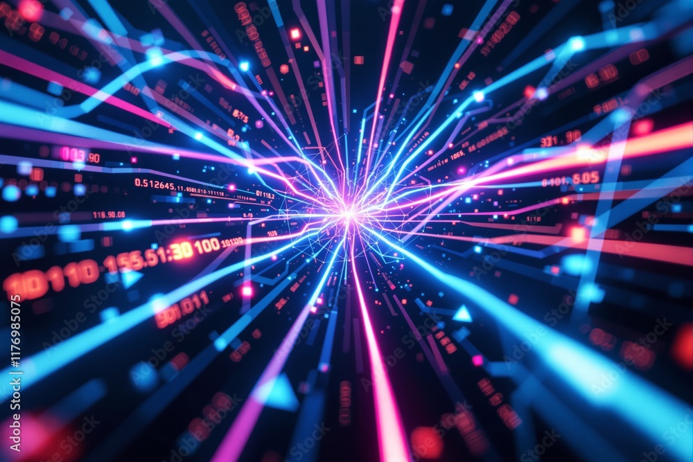 Poster vibrant digital data streams with neon light bursts on dark background.