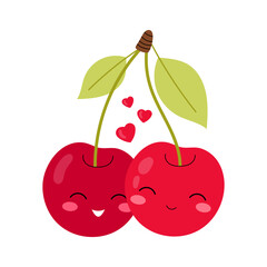 Cute loving cherries. Postcard, sticker, banner, poster for Valentines Day. Flat illustration on white background.