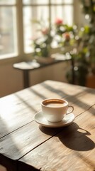 Obraz premium Warm cup of coffee on a wooden table in a serene garden setting during early morning