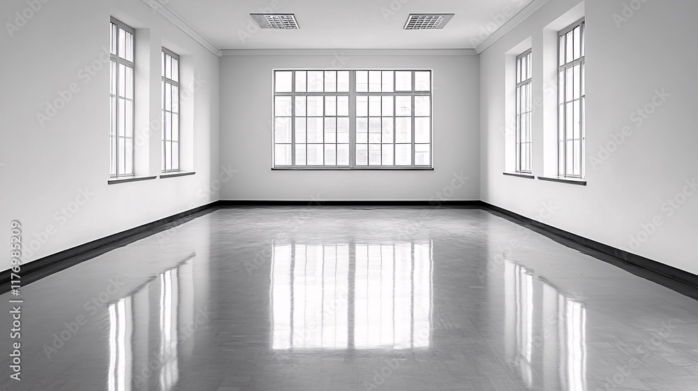Poster spacious empty room with polished floor and large windows for natural light