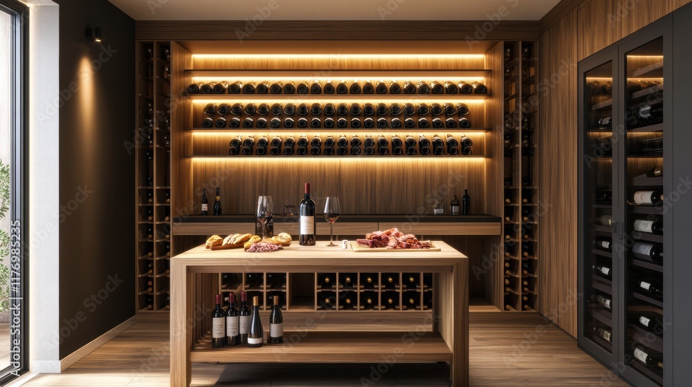 Poster elegant wine cellar showcasing vintage bottles and a tasting setup with red wine and charcuterie. ge