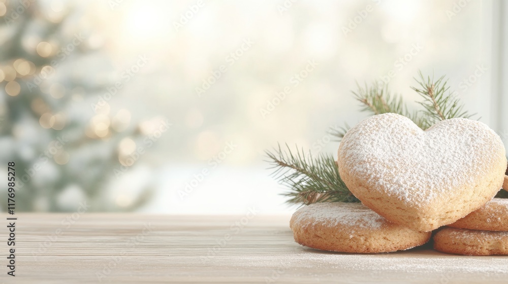 Poster heart-shaped cookies with powdered sugar on wooden table against festive background