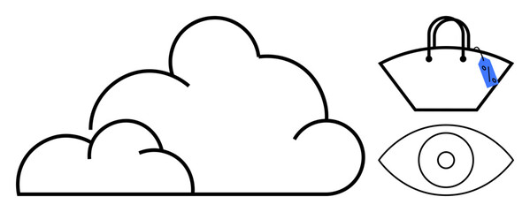 Cloud, eye, and handbag with attached price tag portrayed in minimalistic line art. Ideal for fashion, digital security, weather, retail, simplicity, modern design abstract line flat metaphor