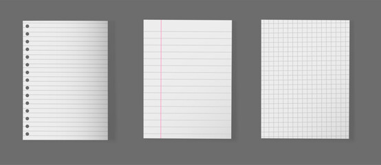 Realistic notebook line pages. Checkered grid paper page mockup template, school note book sheet blank letter notepad notepaper texture memo notice white papers vector illustration