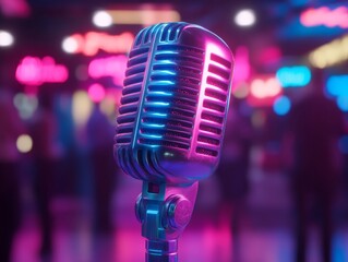 Neon-Illuminated Microphone Close-Up Against Blurred Festive Karaoke Night Background