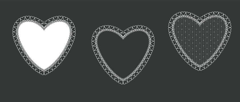 Set vector frame with lace border in the shape of a heart. Concept of love for Valentine's day or wedding design. Vector lace frames