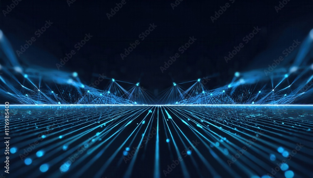 Poster futuristic digital landscape of neon light networks with ai neural connections and data streams depi