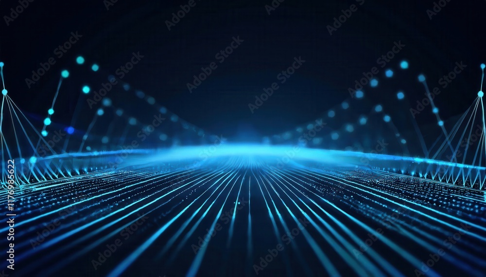 Poster futuristic digital landscape of neon light networks with ai neural connections and data streams depi
