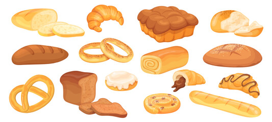Cartoon bakery products. Bread whole loaf and cut slices, pastry food french baguette croissant with wheat rye grains bagel bite bun roll, baking pastries neat vector illustration