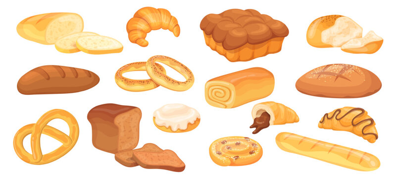 Cartoon bakery products. Bread whole loaf and cut slices, pastry food french baguette croissant with wheat rye grains bagel bite bun roll, baking pastries neat vector illustration
