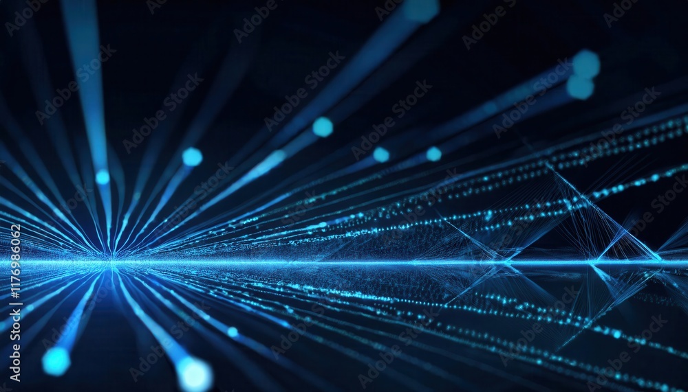 Poster futuristic digital landscape of neon light networks with ai neural connections and data streams depi