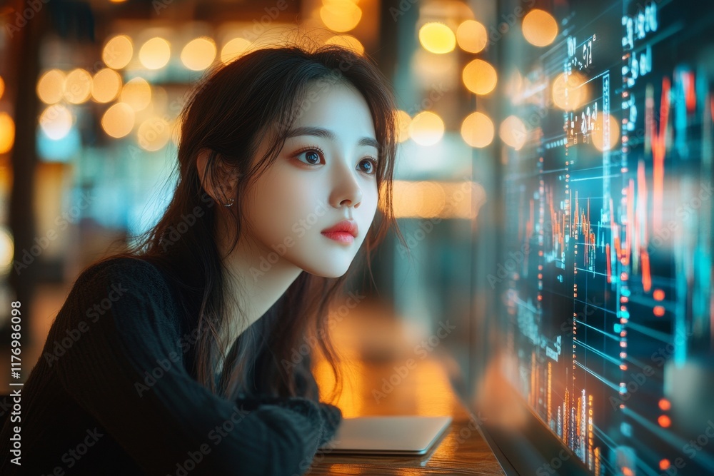 Poster focused businesswoman analyzing digital data with dynamic lights in modern setting