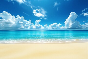 Obraz premium Stunning tropical beach with golden sand, turquoise waters, and vibrant sky with fluffy clouds under bright sunlight.