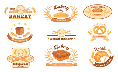 Cartoon bread bakery logo. Baker shop emblem icons, pastry food products with wheat cereal ears signs symbols for banner cook baking kitchen signboards set neat vector illustration