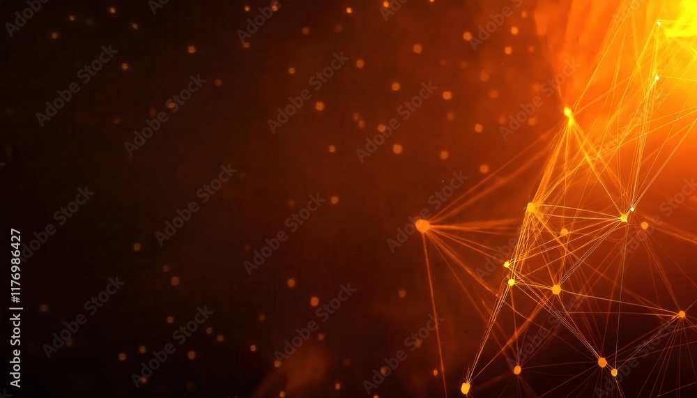 Poster Fiery Abstract Network Design with Glowing Geometric Nodes and Orange Connections for Futuristic Data Visualization Concepts