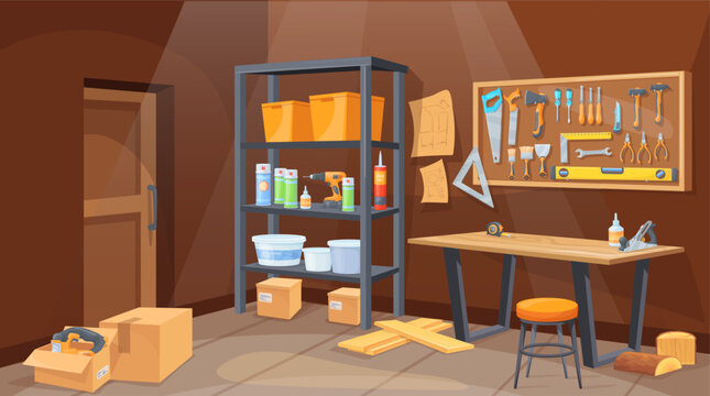 Workshop garage interior. Home shed or storage room inside house, mechanic or carpenter workbench with repair tool peg board wall hardware shelf, cartoon neat vector illustration