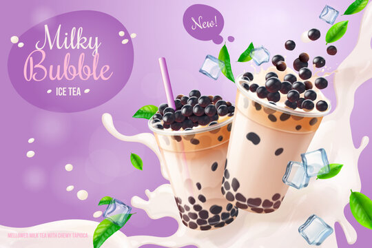 Bubble tea advertising. Boba drink milk with tapioca pearls, asian cool beverage with splash commercial ad poster, sugar coffee in plastic cup realistic exact vector illustration