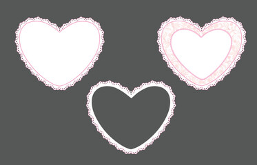 Set vector frame with lace border in the shape of a heart. Concept of love for Valentine's day or wedding design. Vector lace frames