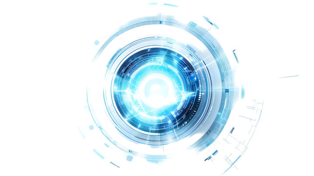 High-tech digital interface with concentric neon blue circles and a clear central area for futuristic software or sci-fi graphics. isolated on a transparent background