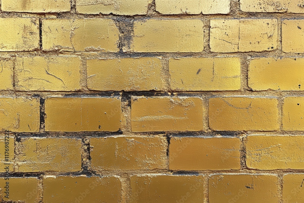 Poster gold brick wall texture with unique patterns reflecting light and shadows in a chaotic arrangement