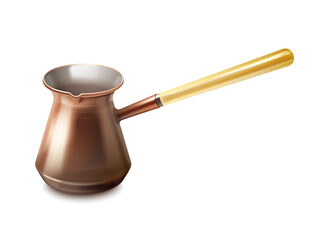 Realistic turkish coffee pot. 3d coffeepot copper cezve with wooden handle for cooking arabic espresso roast and pouring, isolated cafe kitchen tableware exact vector illustration
