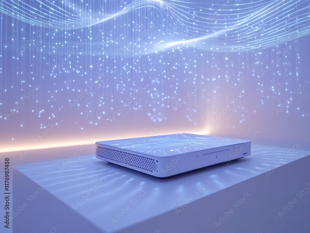 Aufkleber futuristic laptop on a desk with holographic data flow in a neon blue setting