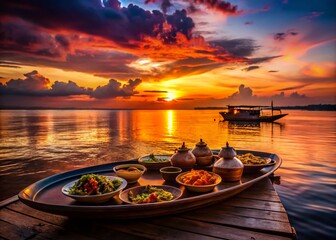 Fototapeta premium Silhouette of Tonle Sap Lake at Sunset, Cambodia - Asian Food Photography