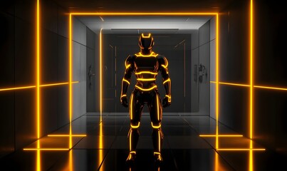 Robot stands in neon-lit corridor, futuristic sci-fi scene.